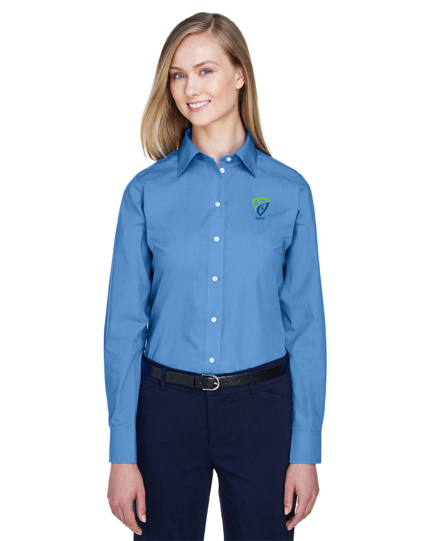 REES SCIENTIFIC LOGO DEVON & JONES WOMEN'S CROWN COLLECTION SOLID BROADCLOTH WOVEN SHIRT