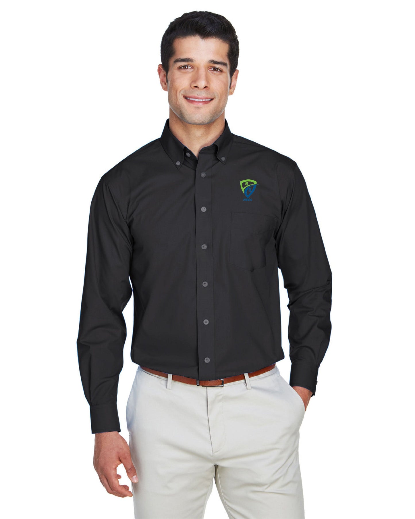 REES SCIENTIFIC LOGO DEVON & JONES MEN'S CROWN COLLECTION SOLID BROADCLOTH WOVEN SHIRT