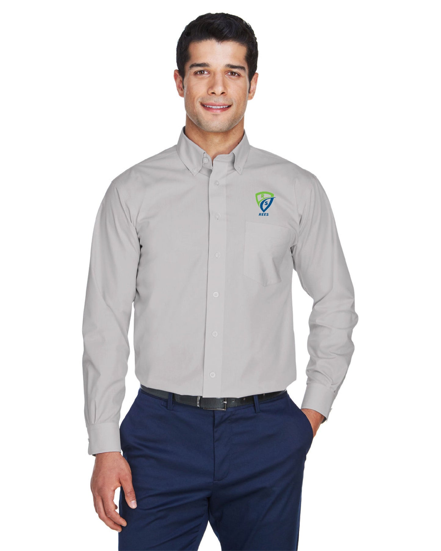 REES SCIENTIFIC LOGO DEVON & JONES MEN'S CROWN COLLECTION SOLID BROADCLOTH WOVEN SHIRT