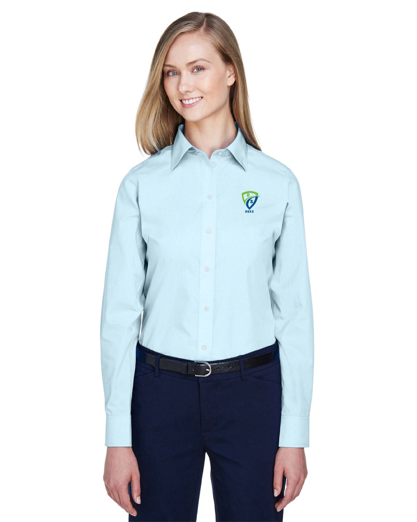 REES SCIENTIFIC LOGO DEVON & JONES WOMEN'S CROWN COLLECTION SOLID BROADCLOTH WOVEN SHIRT
