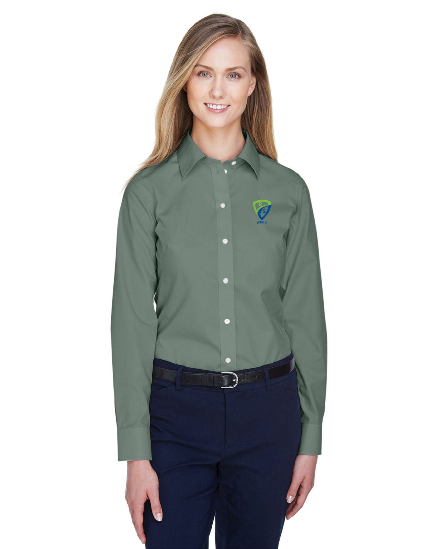 REES SCIENTIFIC LOGO DEVON & JONES WOMEN'S CROWN COLLECTION SOLID BROADCLOTH WOVEN SHIRT