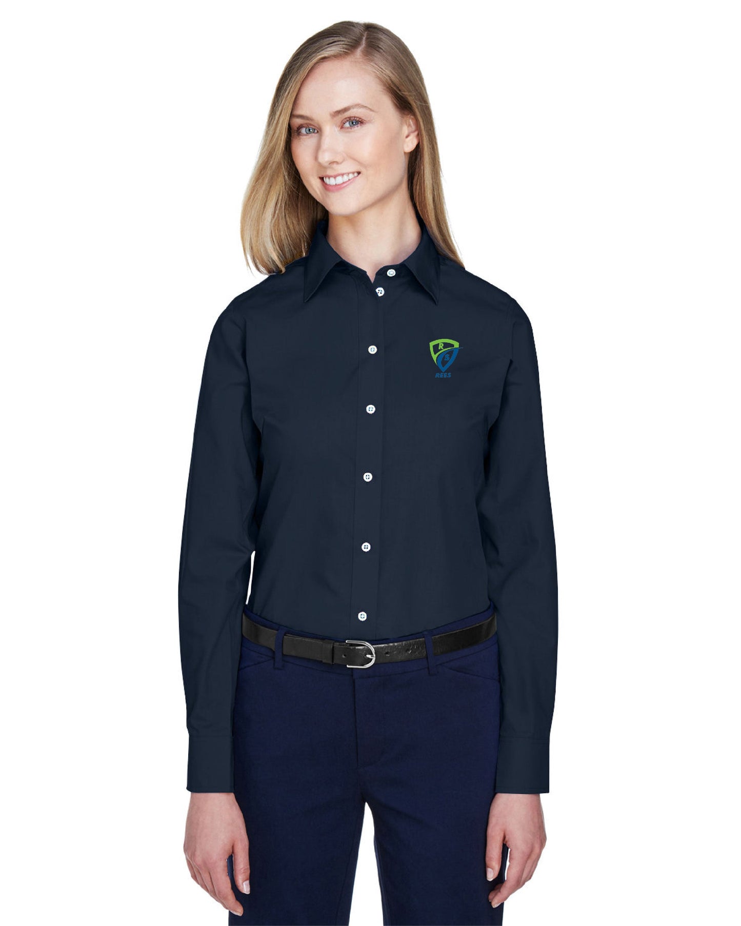 REES SCIENTIFIC LOGO DEVON & JONES WOMEN'S CROWN COLLECTION SOLID BROADCLOTH WOVEN SHIRT