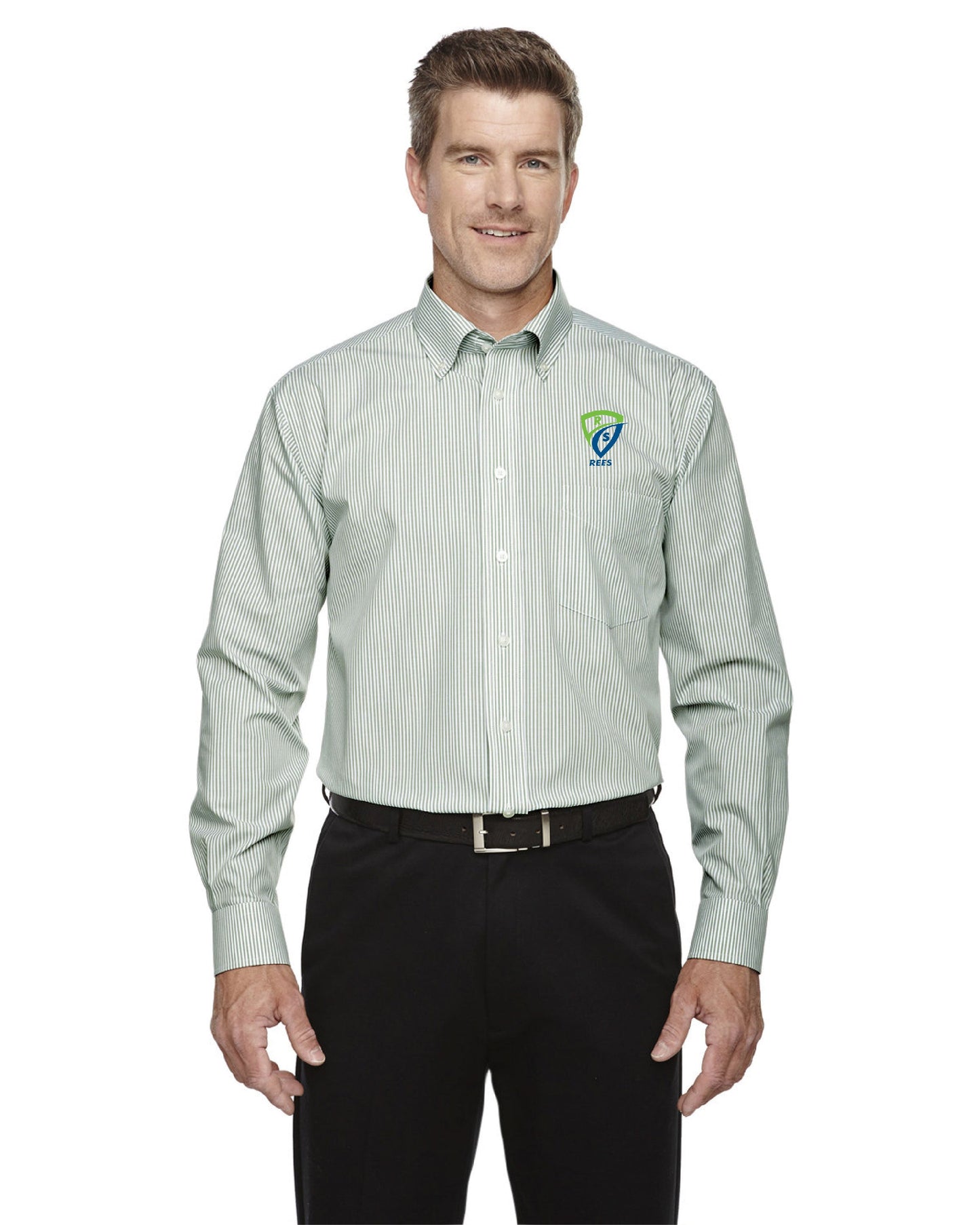 REES SCIENTIFIC LOGO DEVON & JONES MEN'S CROWN COLLECTION BANKER STRIPE WOVEN SHIRT