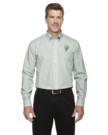 REES SCIENTIFIC LOGO DEVON & JONES MEN'S CROWN COLLECTION BANKER STRIPE WOVEN SHIRT