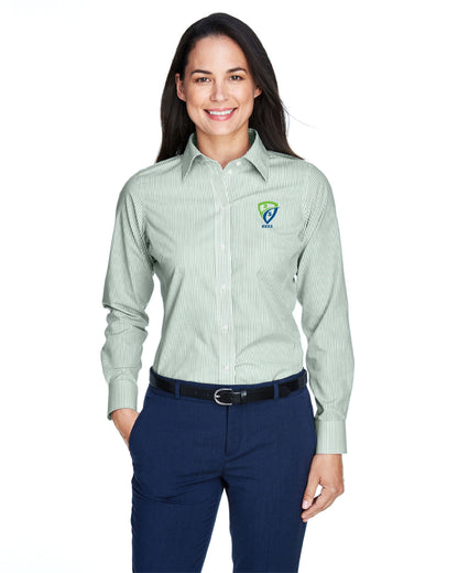 REES SCIENTIFIC LOGO DEVON & JONES WOMEN'S CROWN COLLECTION BANKER STRIPE WOVEN SHIRT