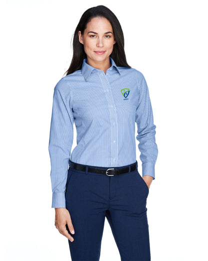 REES SCIENTIFIC LOGO DEVON & JONES WOMEN'S CROWN COLLECTION BANKER STRIPE WOVEN SHIRT
