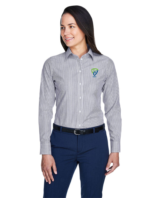 REES SCIENTIFIC LOGO DEVON & JONES WOMEN'S CROWN COLLECTION BANKER STRIPE WOVEN SHIRT