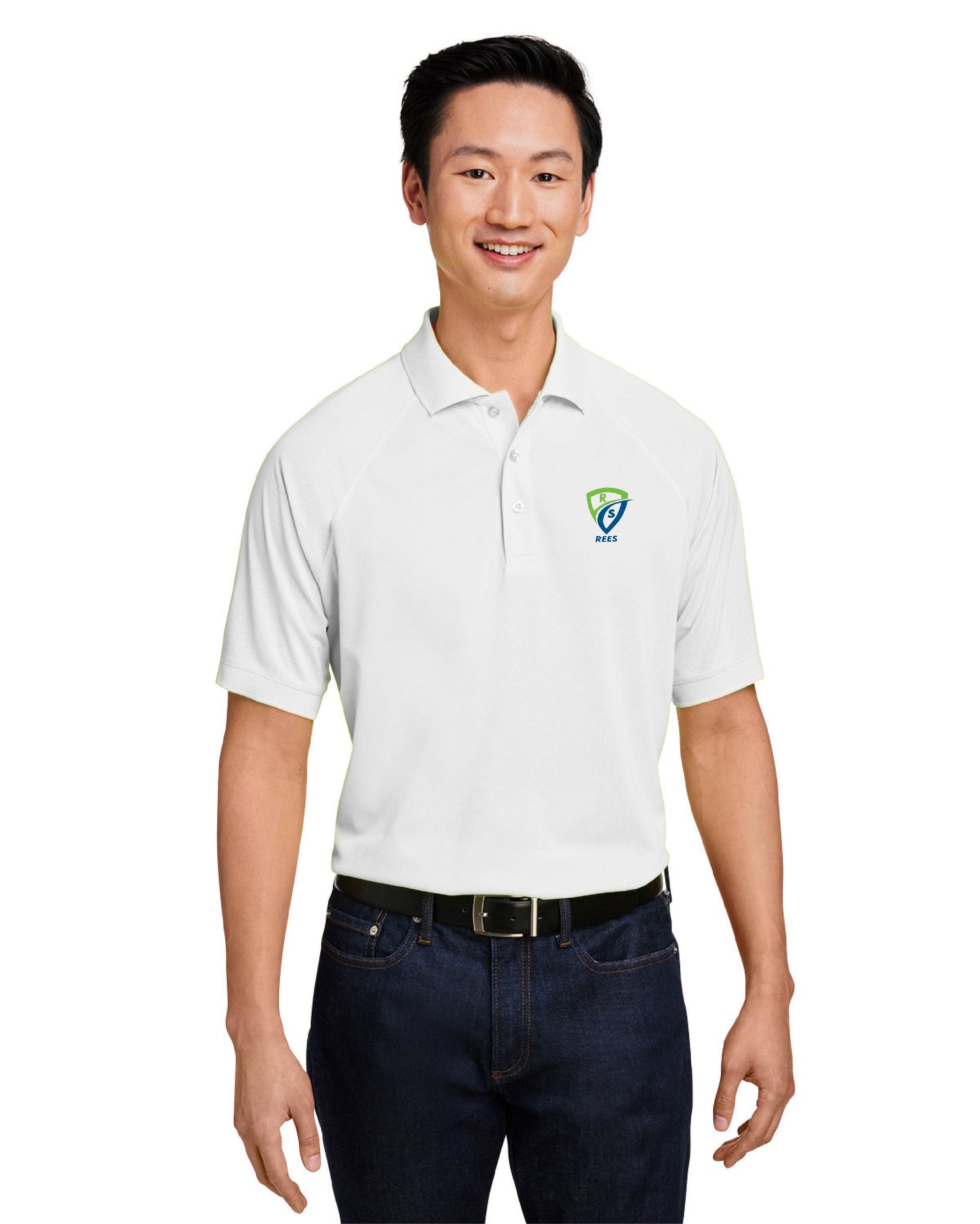 REES SCIENTIFIC LOGO HARRITON MEN'S CHARGE SNAG AND SOIL PROTECT POLO