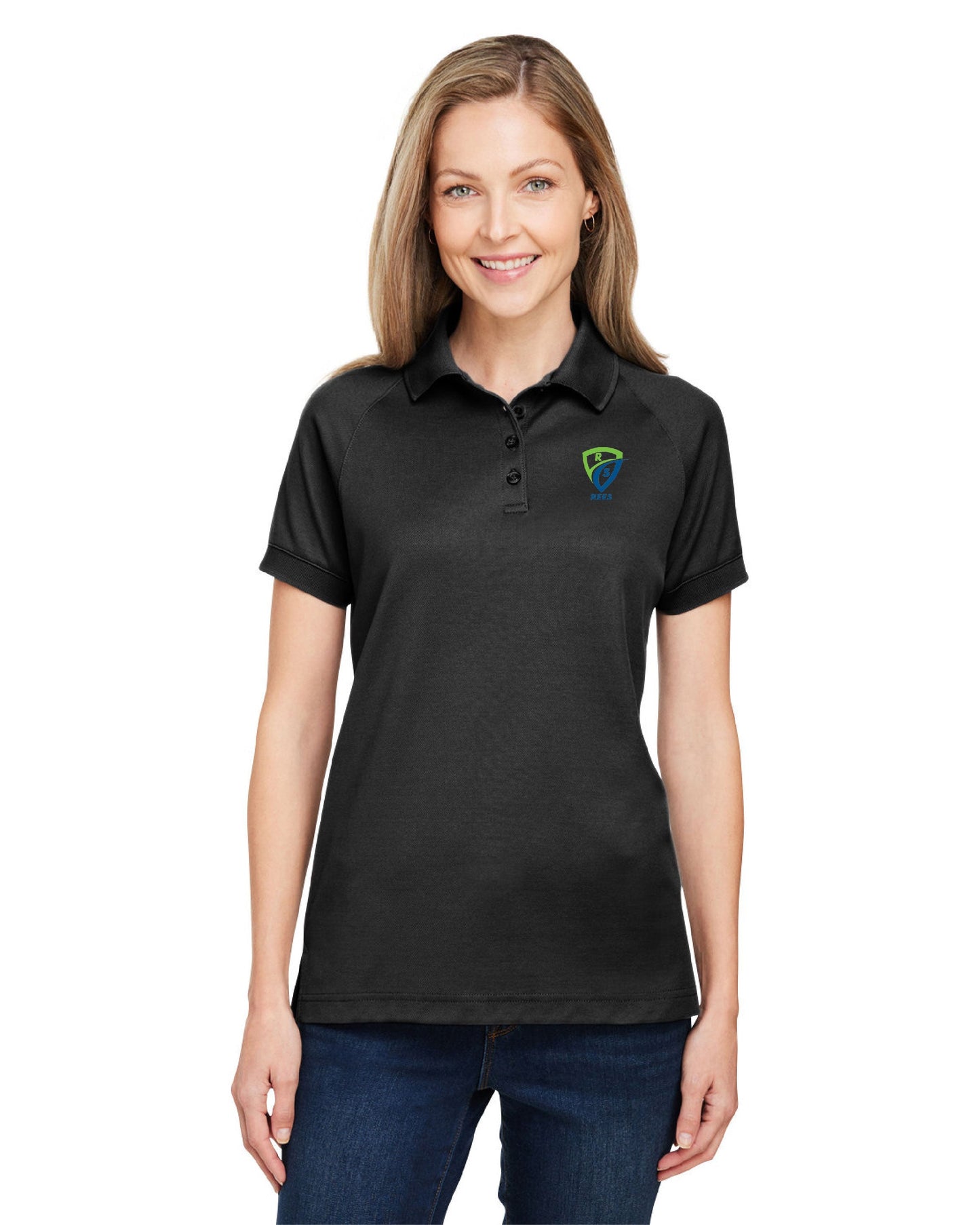 REES SCIENTIFIC LOGO HARRITON WOMEN'S CHARGE SNAG AND SOIL PROTECT POLO