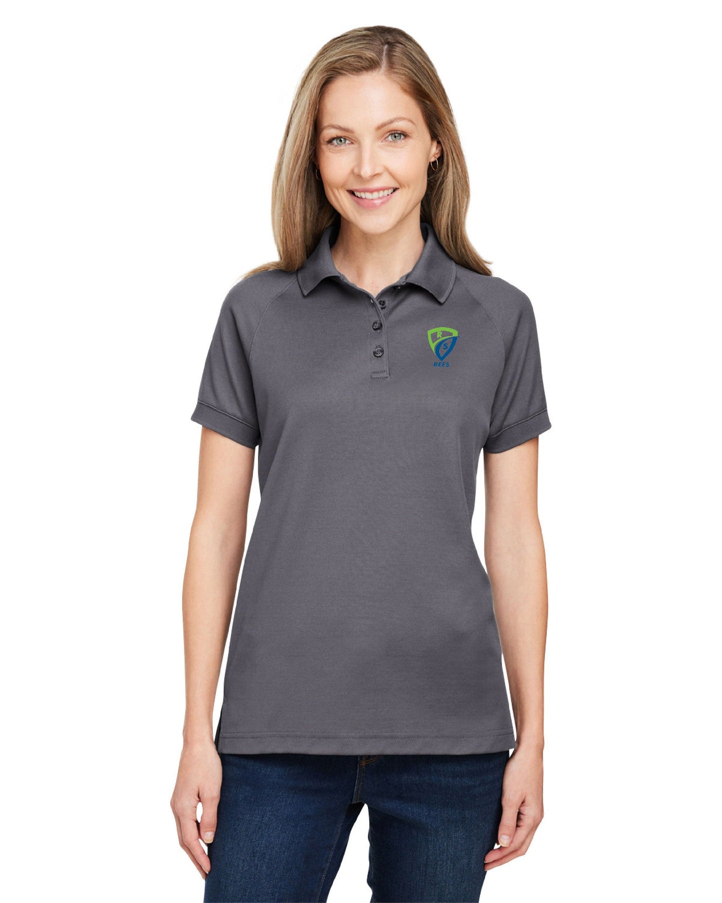 REES SCIENTIFIC LOGO HARRITON WOMEN'S CHARGE SNAG AND SOIL PROTECT POLO