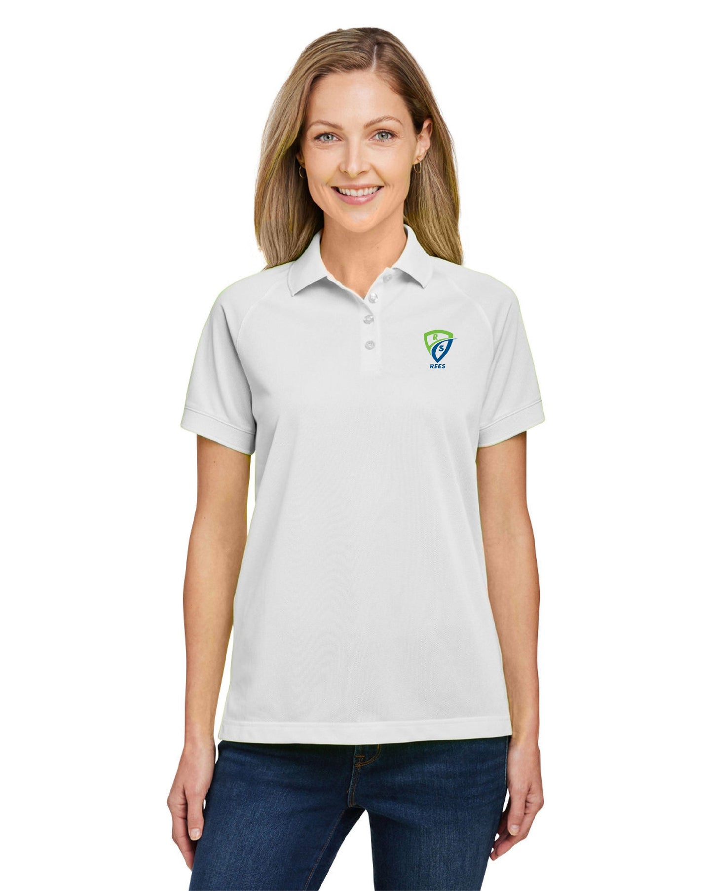 REES SCIENTIFIC LOGO HARRITON WOMEN'S CHARGE SNAG AND SOIL PROTECT POLO
