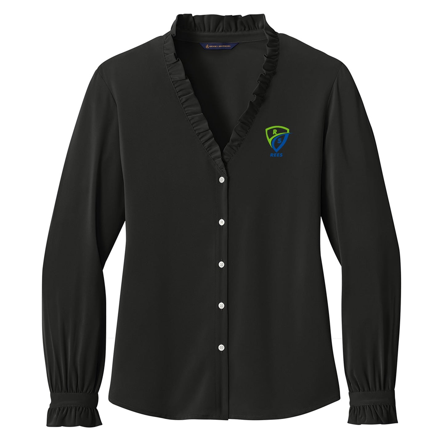 REES SCIENTIFIC LOGO BROOKS BROTHERS WOMENÕS LONG SLEEVE RUFFLE COLLAR BLOUSE