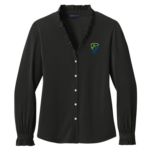 REES SCIENTIFIC LOGO BROOKS BROTHERS WOMENÕS LONG SLEEVE RUFFLE COLLAR BLOUSE
